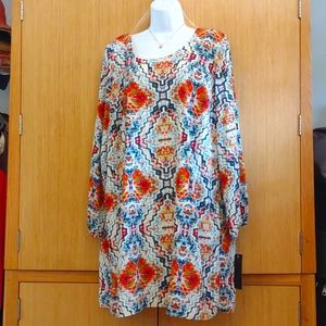 +SZ NWOT ING SZ 1X LS Orange/Blue Patterned Slip On Dress.